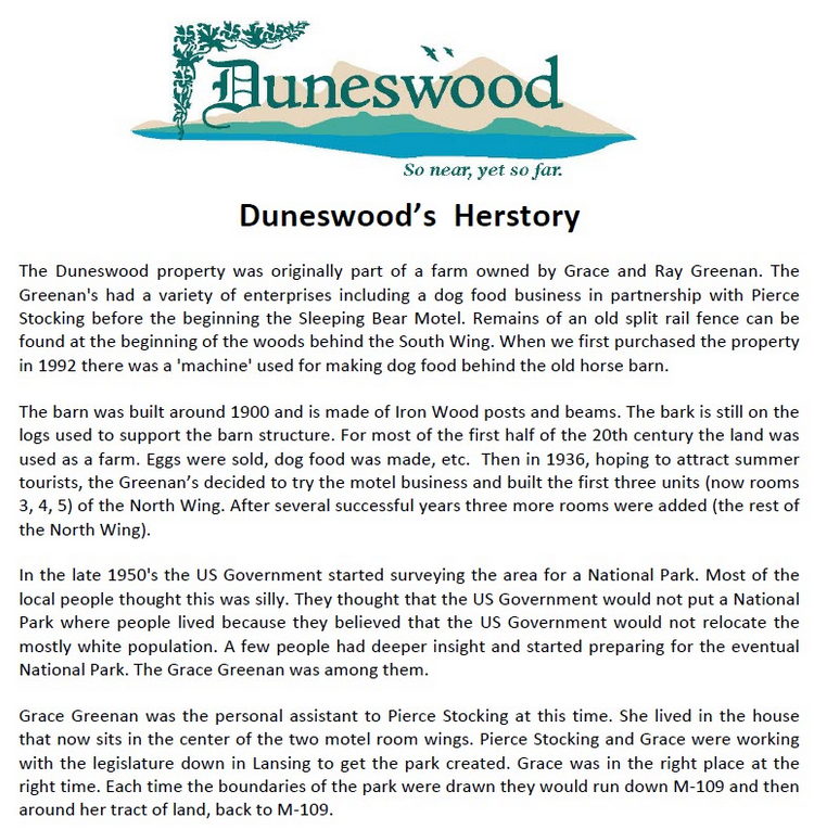 Duneswood Resort (Glen Lake Motel, Sleeping Bear Motel) - History Of Resort